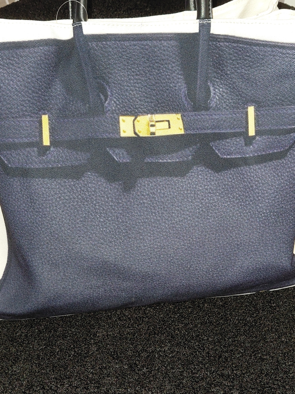 BIRKIN INSPIRED LARGE CANVAS Navy and White Leather Tote Bag with Black Handles - Picture 5 of 6